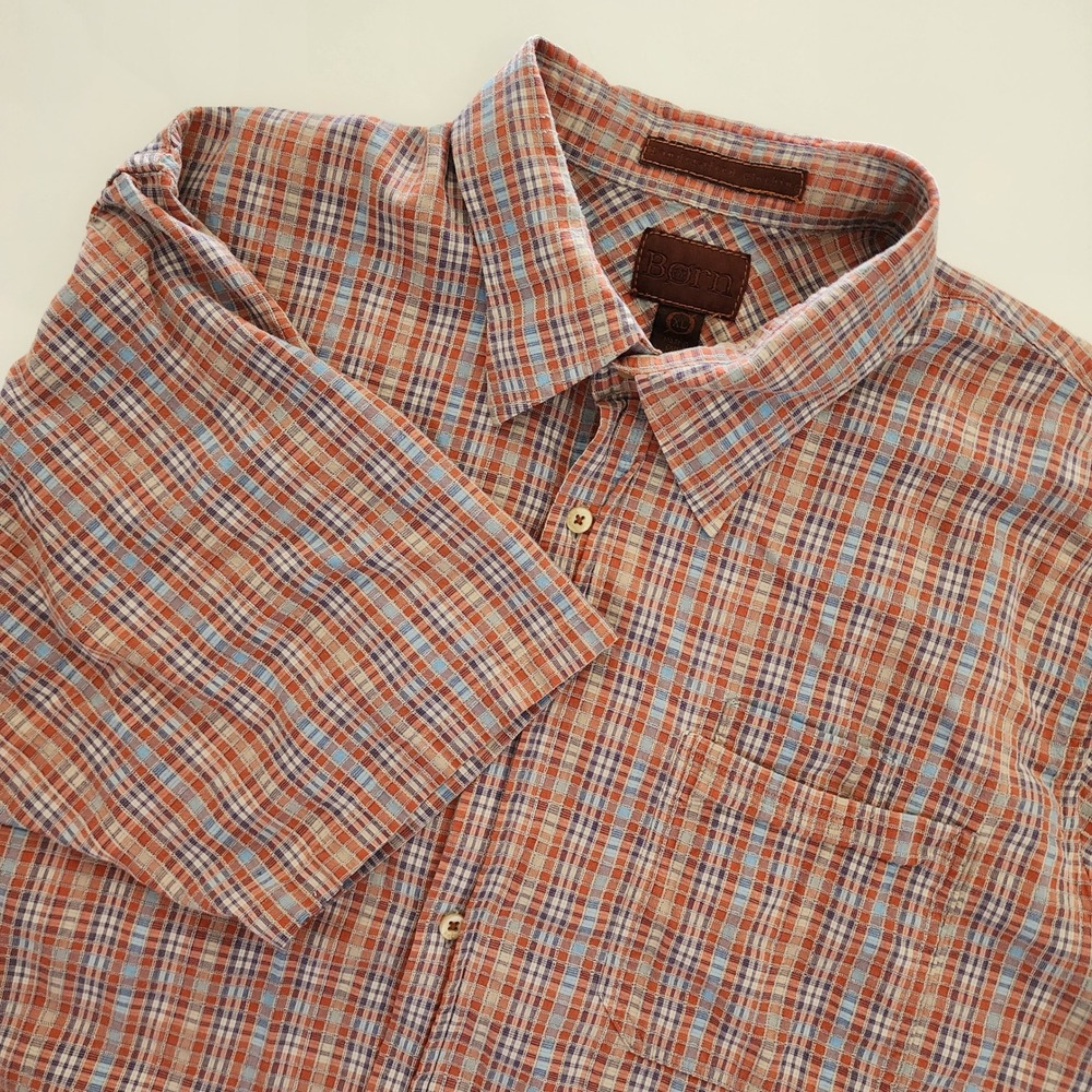 Born blue red textured plaid short sleeve button front shirt mens‎ size XL